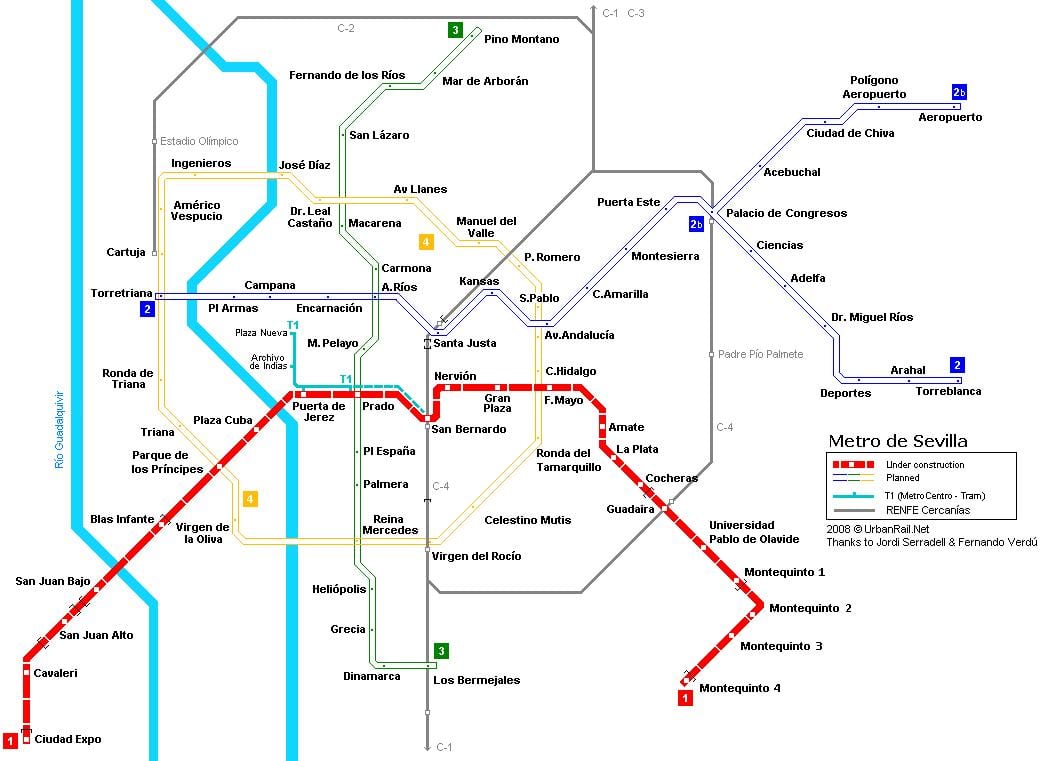 карта метрапалітэна Севіллі 